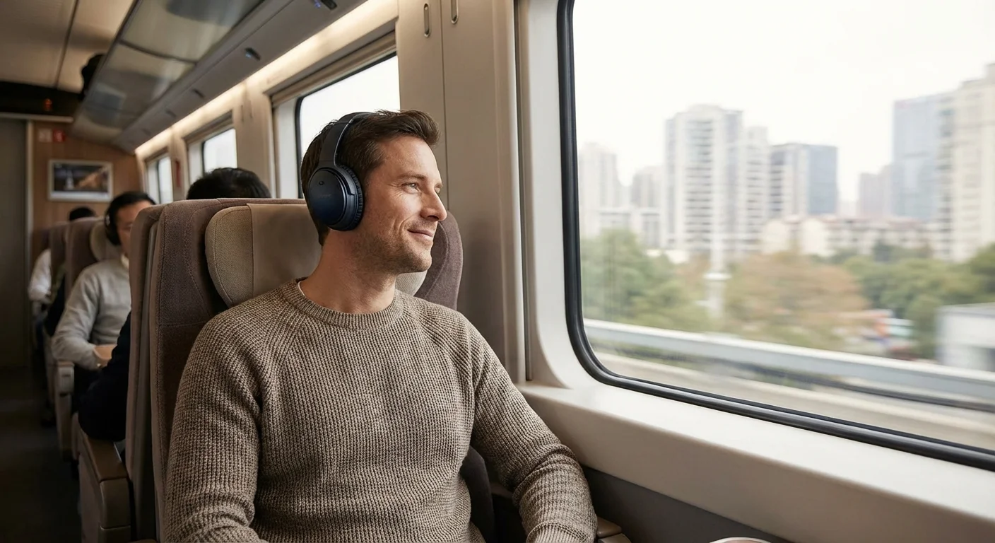 A man relaxing on a train with headphones, looking out the window at the city.