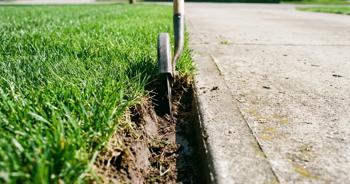 Close-up of a manual edger tool cutting a neat border between green lawn and sidewalk