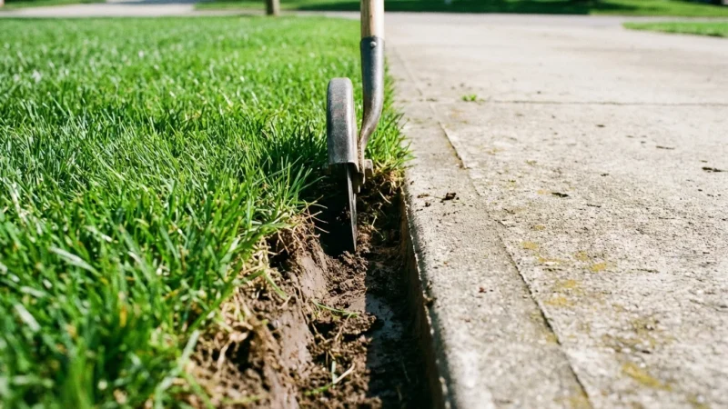 Close-up of a manual edger tool cutting a neat border between green lawn and sidewalk