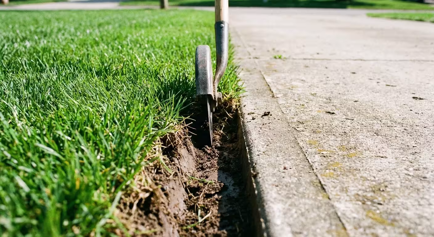 Close-up of a manual edger tool cutting a neat border between green lawn and sidewalk
