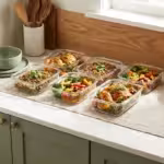 A organized row of glass meal prep containers filled with healthy, high-protein food on a sunny kitchen counter.
