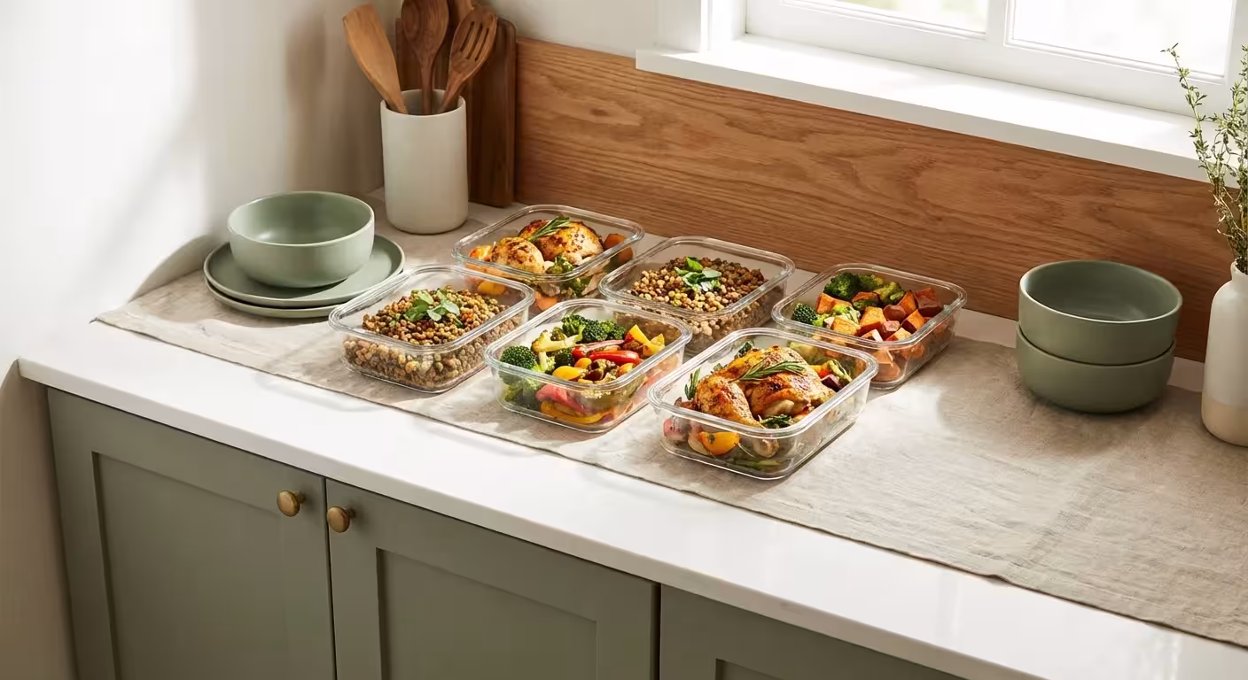 A organized row of glass meal prep containers filled with healthy, high-protein food on a sunny kitchen counter.
