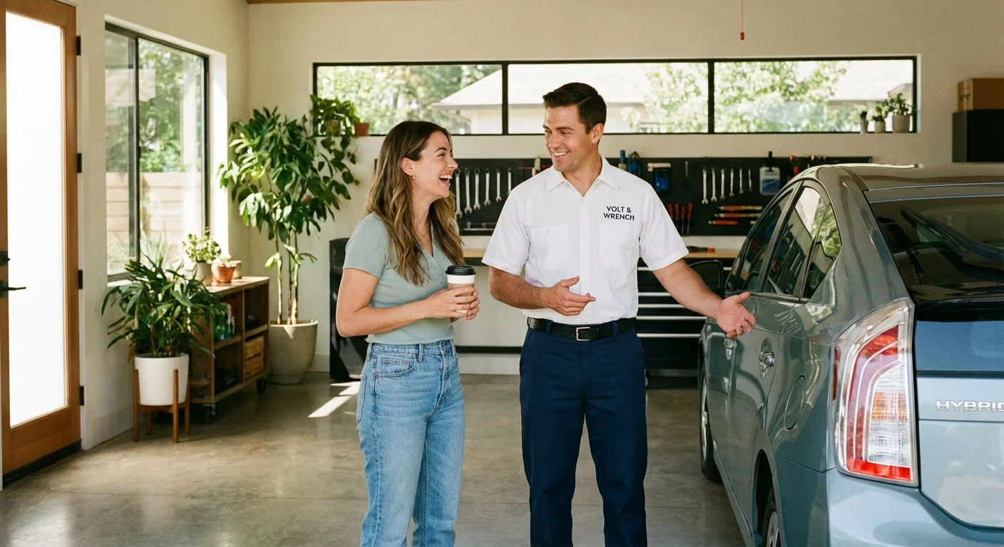 Mechanic gestures toward a hybrid car while talking to a happy customer in a garage.
