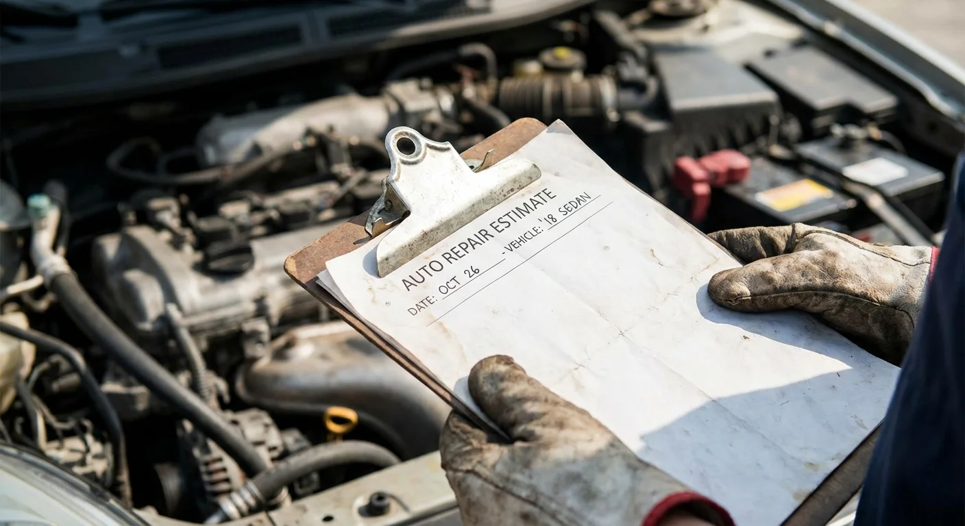 Close-up of hands holding a repair estimate clipboard in a garage.