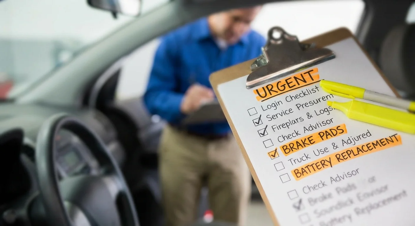 A service advisor pointing to a list of recommended repairs on a clipboard.