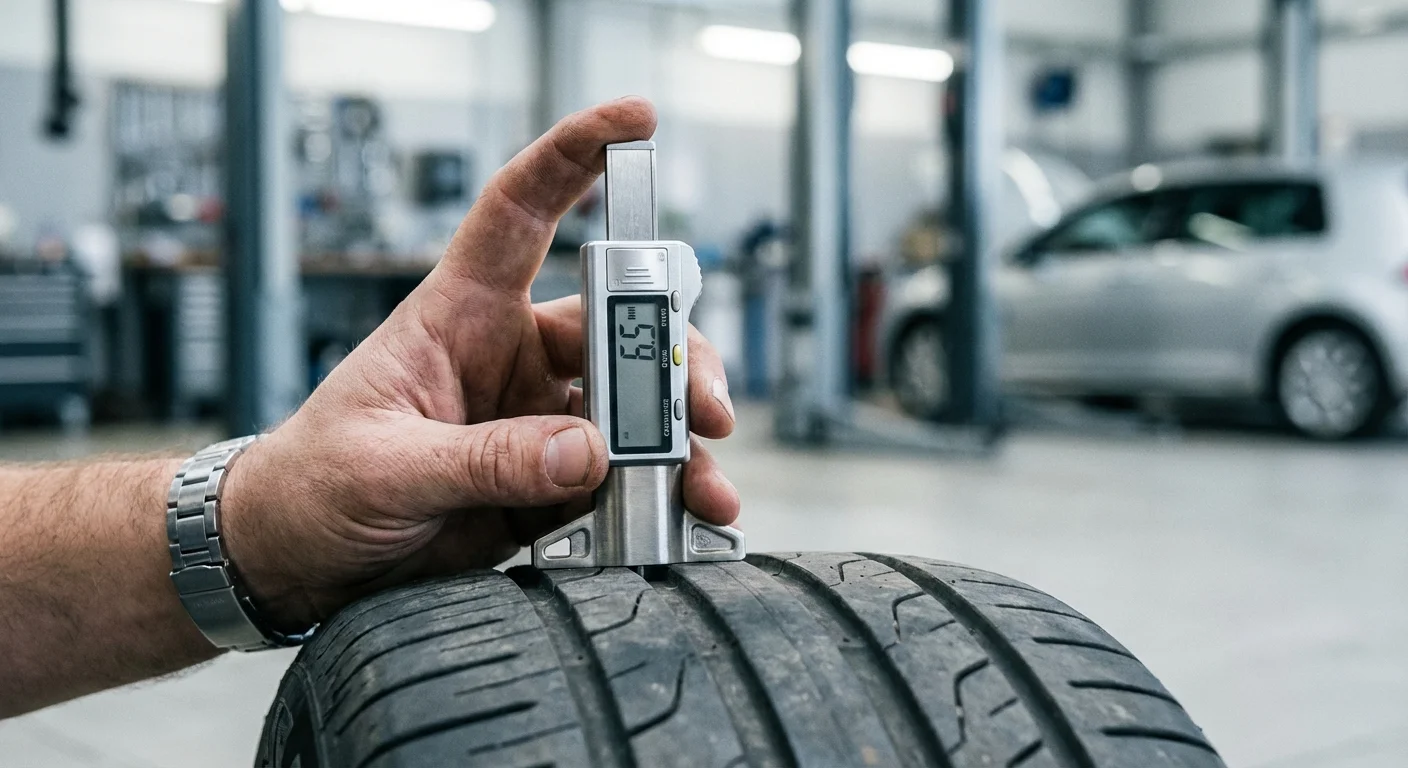 A close-up of a technician measuring tire tread depth with a precision digital tool.