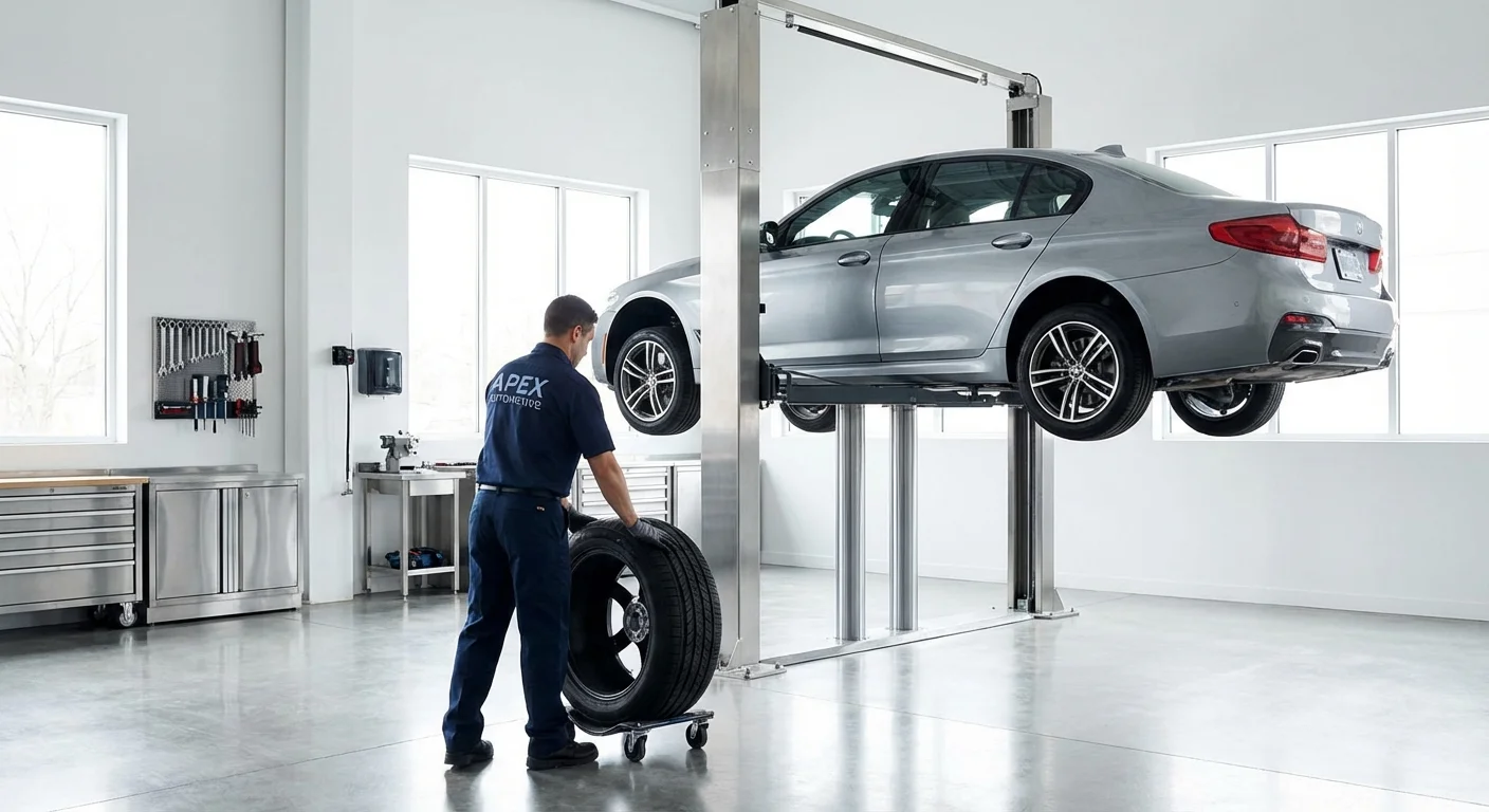 A car on a lift in a modern auto shop being serviced for tire rotation.