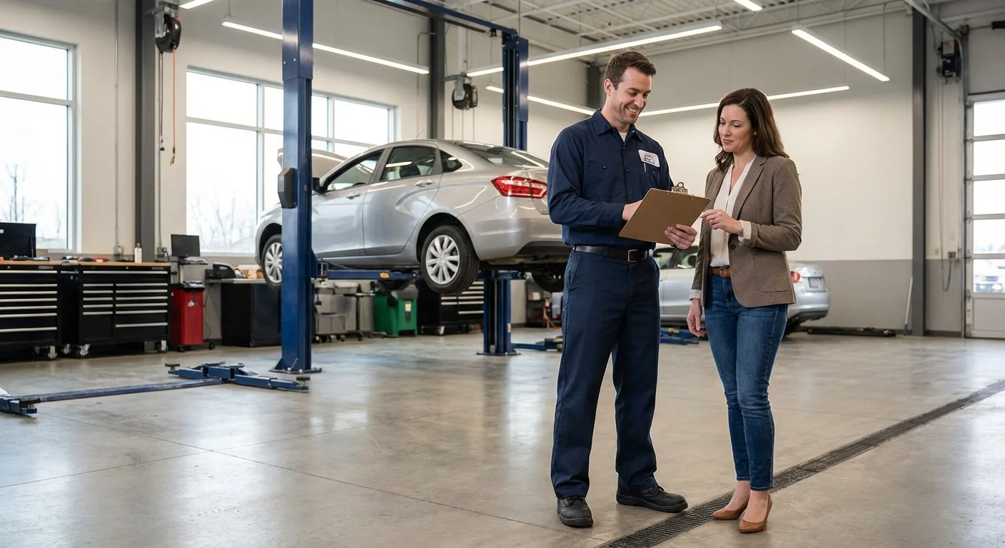 A mechanic explaining an inspection report to a car buyer in a shop.