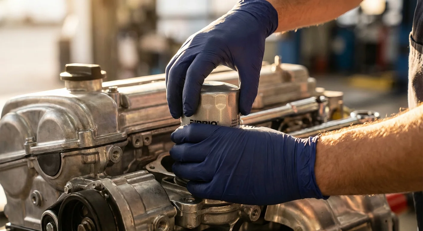 Mechanic wearing blue nitrile gloves installing a new oil filter on a vehicle engine