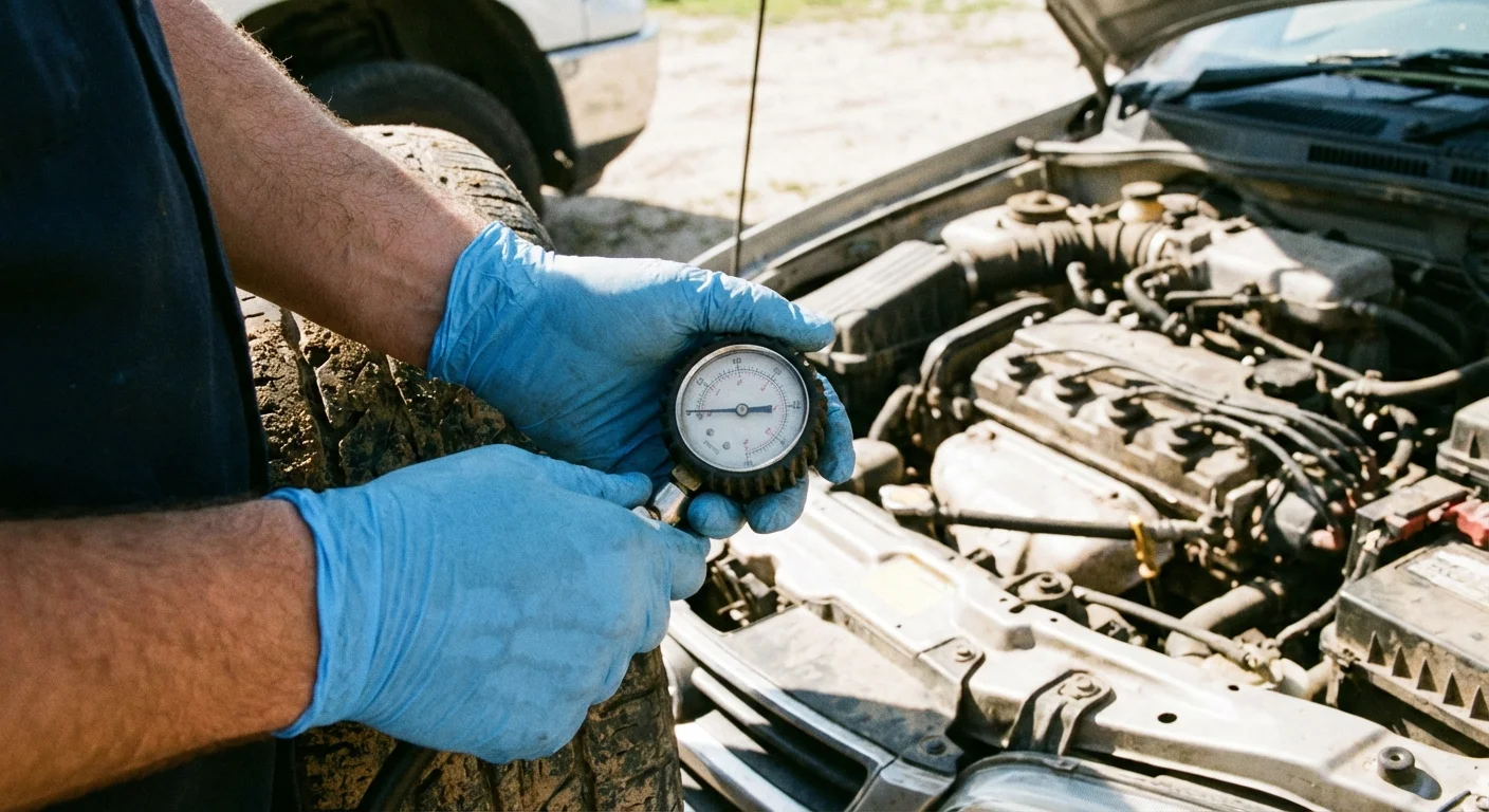 Close-up of a person checking tire pressure during a routine vehicle inspection.