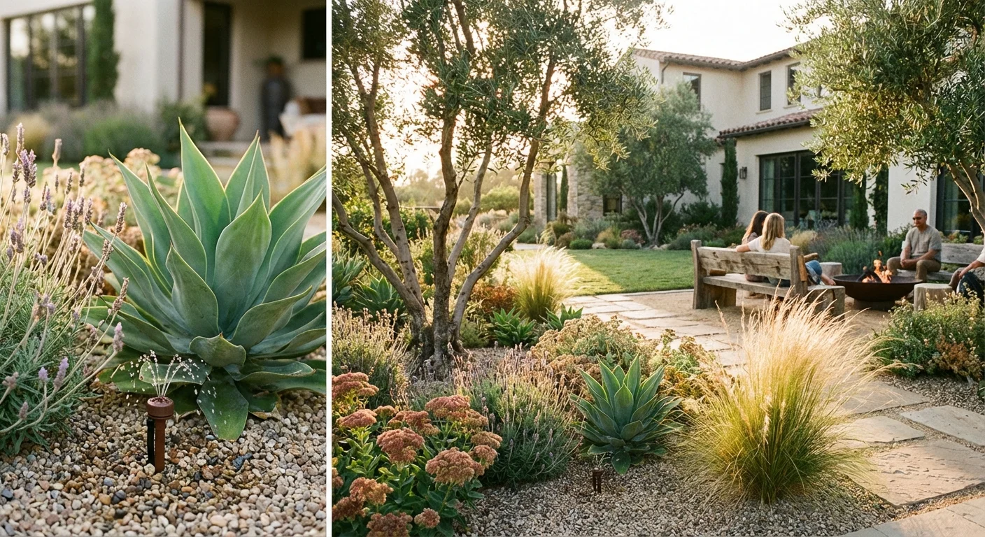 A drip irrigation system watering plants in a modern, sustainable garden.