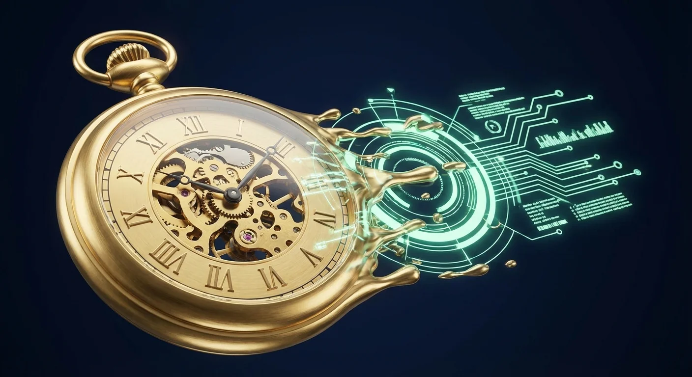 A stylized gold watch merging with digital elements, representing senior discounts.
