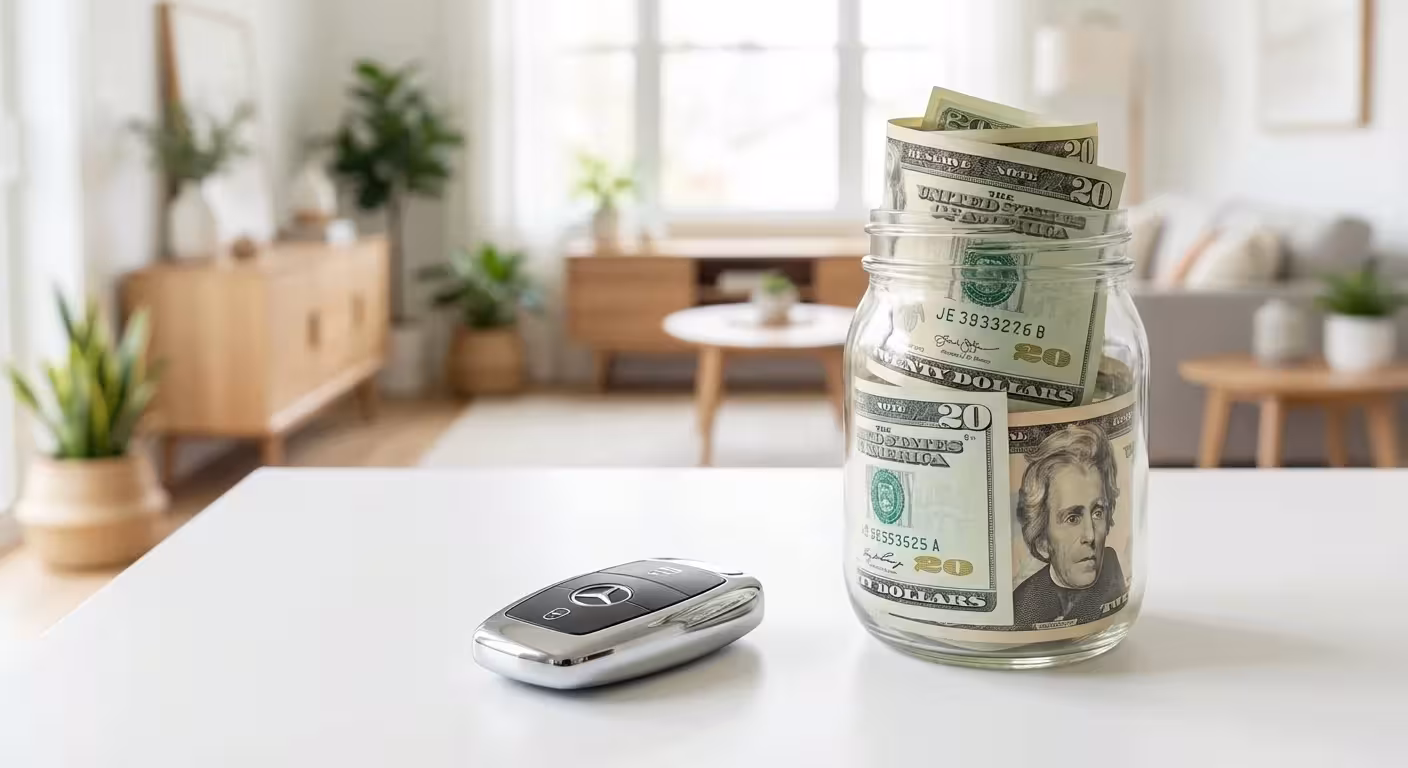 A car key fob next to a jar of cash, representing emergency fund savings for a higher deductible.