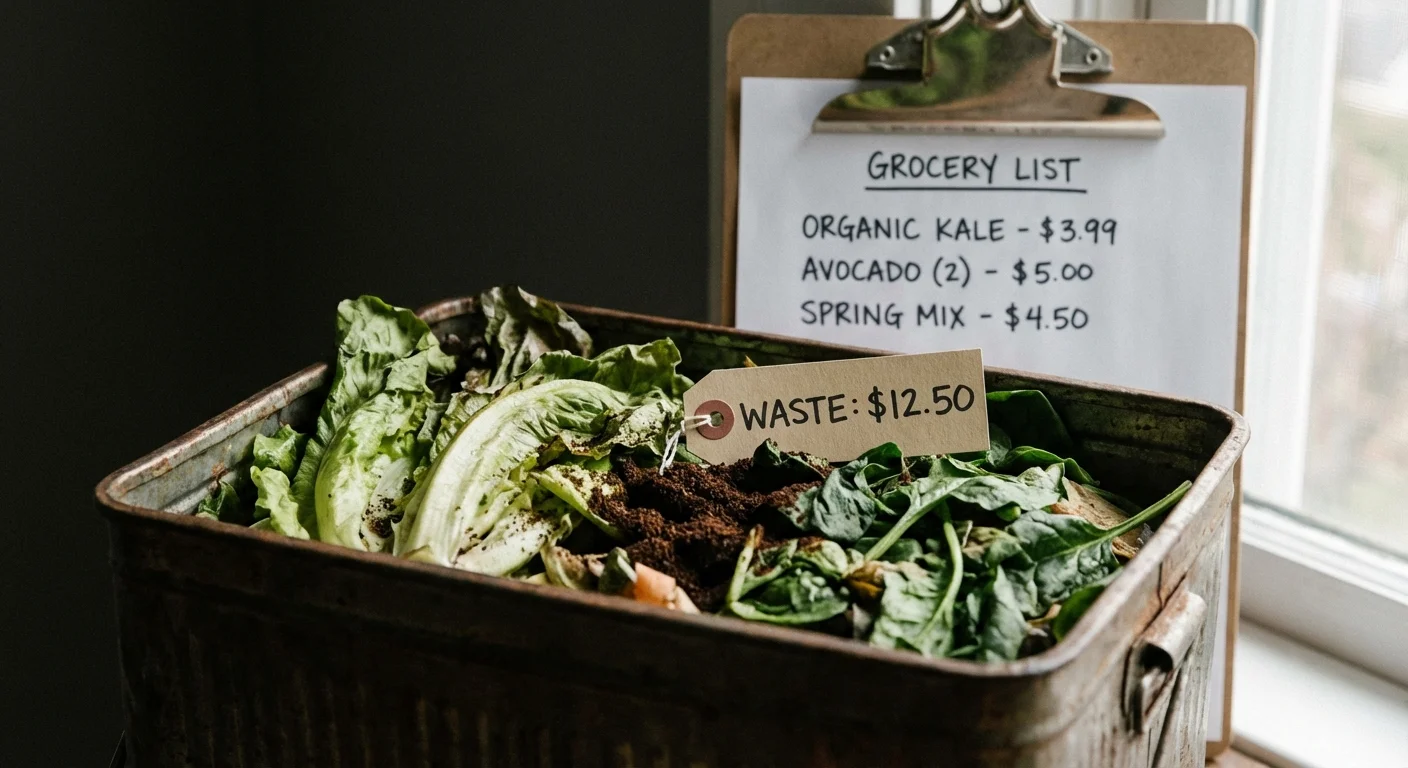 Wilted vegetables in a compost bin, illustrating the financial cost of food waste.