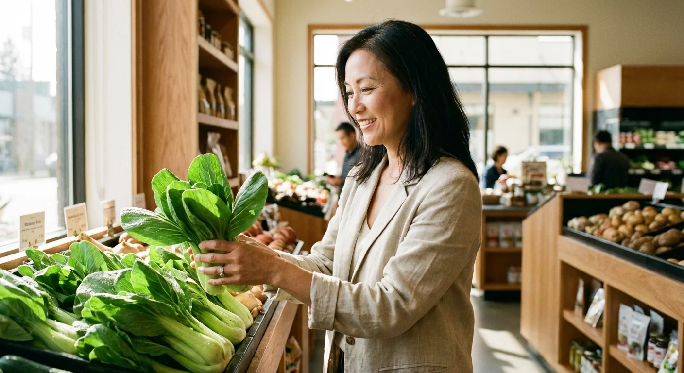 A young person smiling while using a smartphone in a bright, sunlit kitchen.
