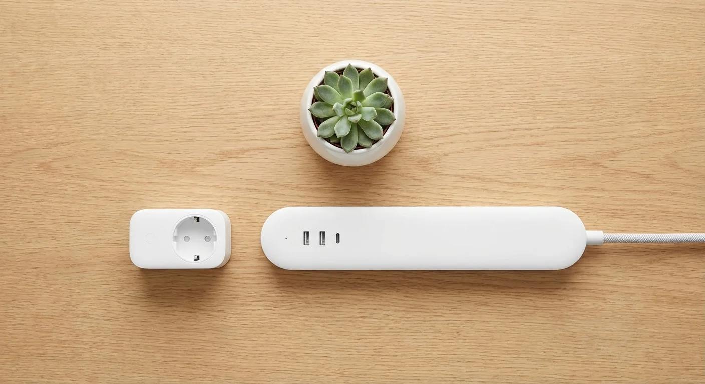 Minimalist flat-lay of a single smart plug and a multi-outlet smart power strip on a wooden background.