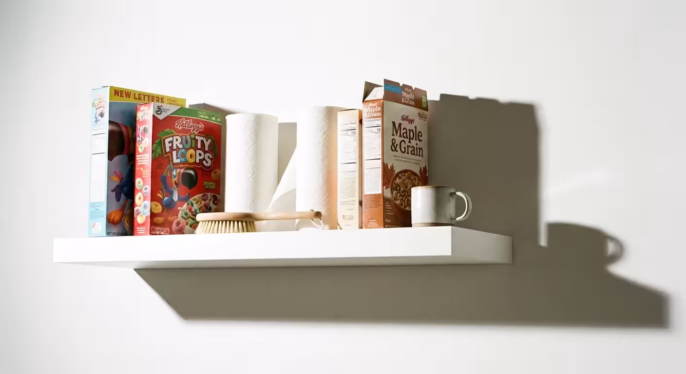 A collection of grocery staples like cereal and paper towels arranged on a white shelf.