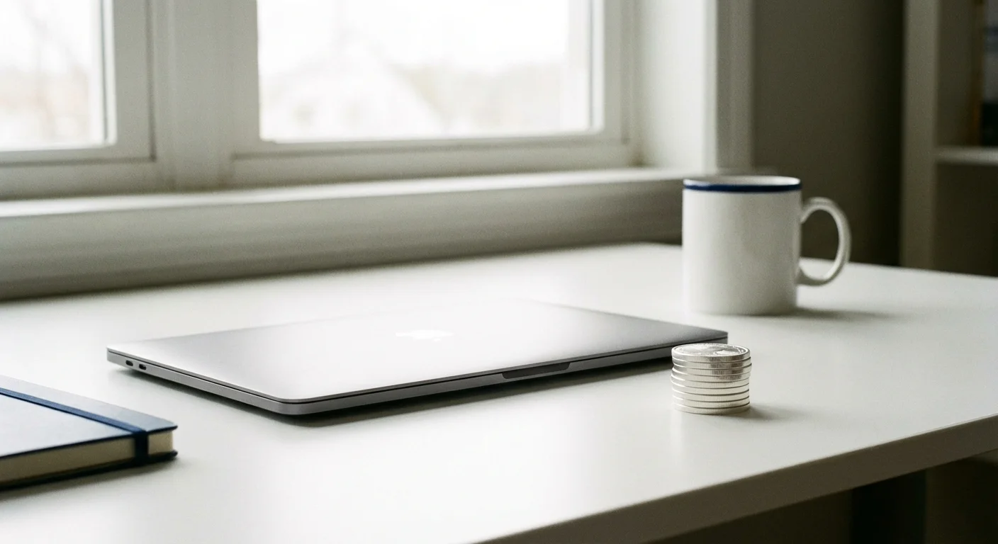 A laptop and a neat stack of coins on a white desk, symbolizing a balanced zero-based budget.