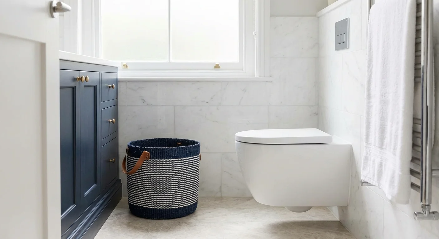 A clean, modern bathroom interior focusing on a wastebasket to encourage proper disposal.