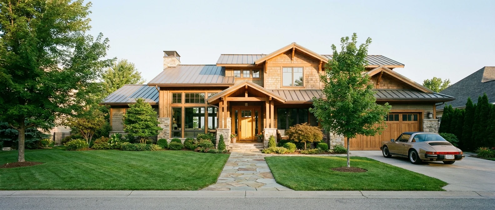 The exterior of a well-maintained, modern suburban home.