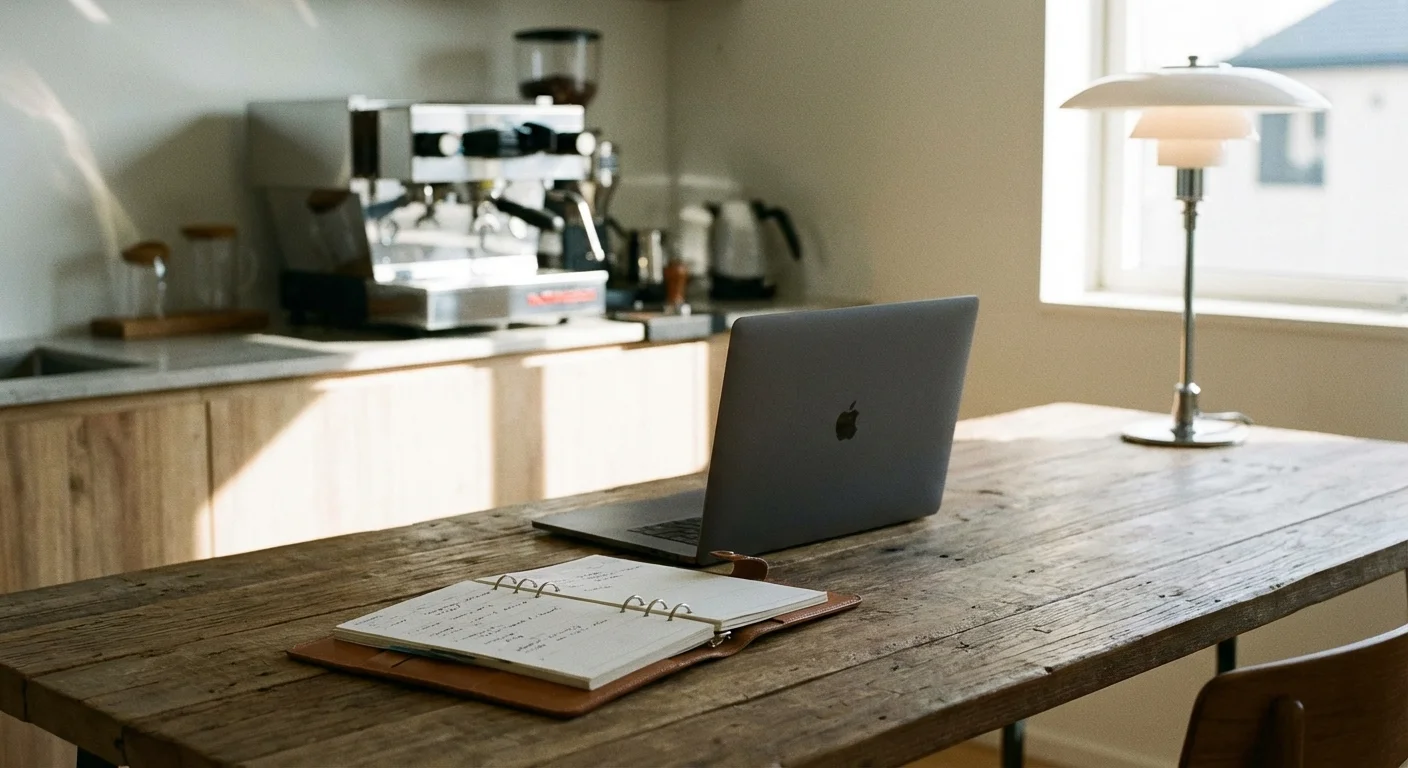 A clean home office desk with a laptop, planner, and high-end home goods in the background.