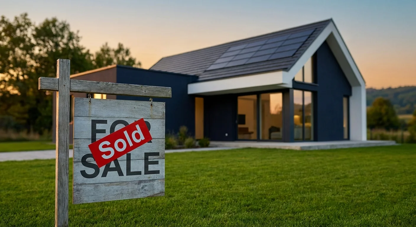 A sold real estate sign in front of a modern home with solar panels.