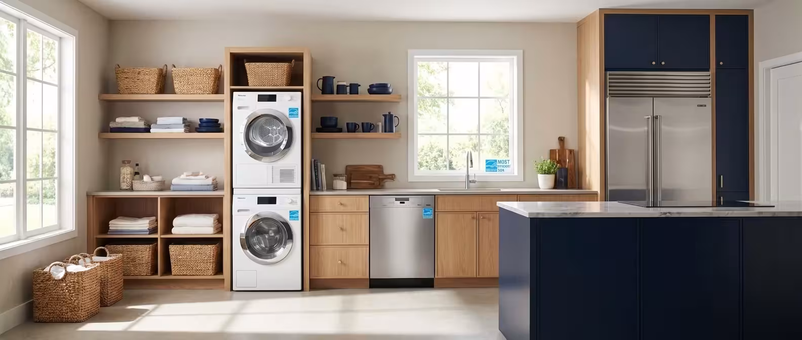 A wide shot of a modern laundry room and kitchen featuring high-efficiency appliances.