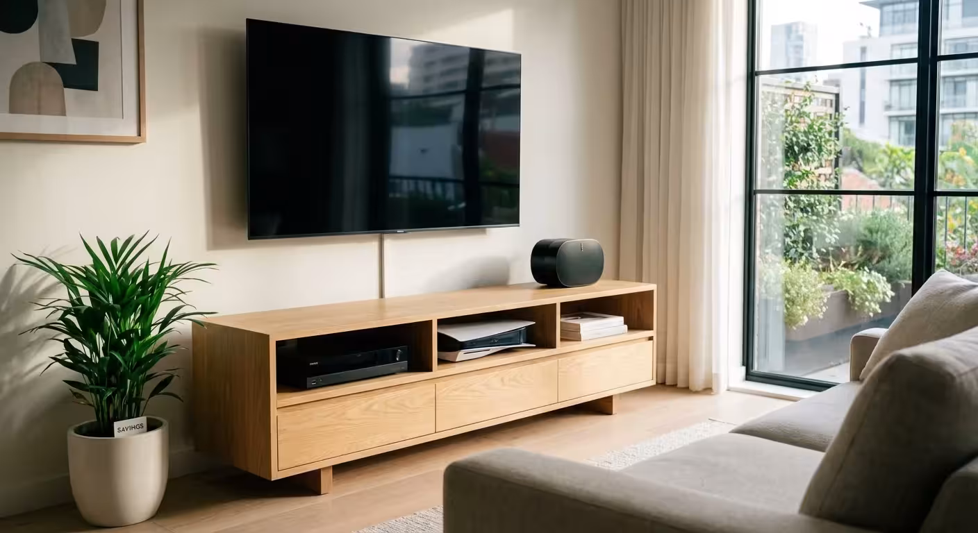 A modern home entertainment center with various electronic devices.