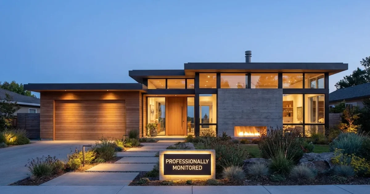 Modern luxury home exterior at dusk with large windows and a professional security sign.