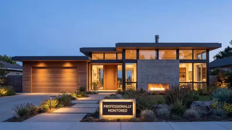 Modern luxury home exterior at dusk with large windows and a professional security sign.