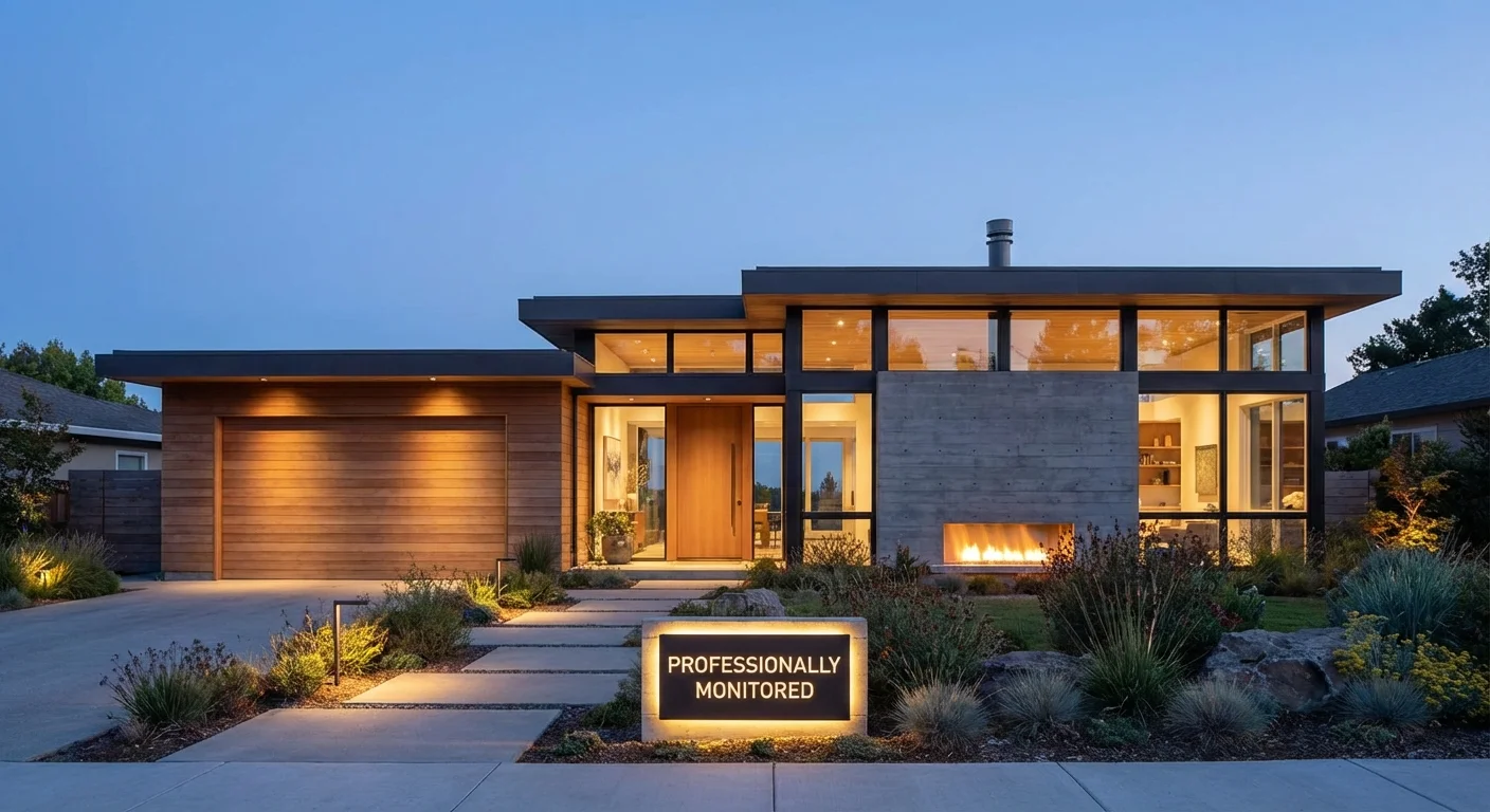 Modern luxury home exterior at dusk with large windows and a professional security sign.