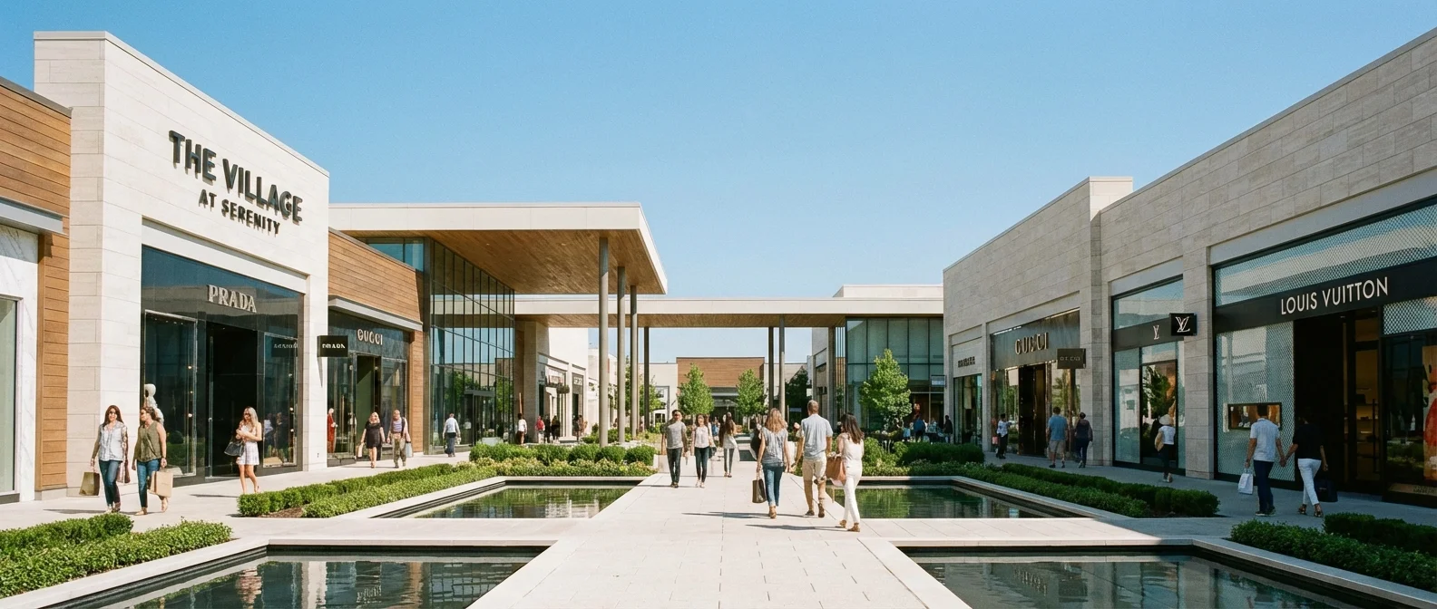 Modern outlet mall architecture under a clear blue sky with shoppers.