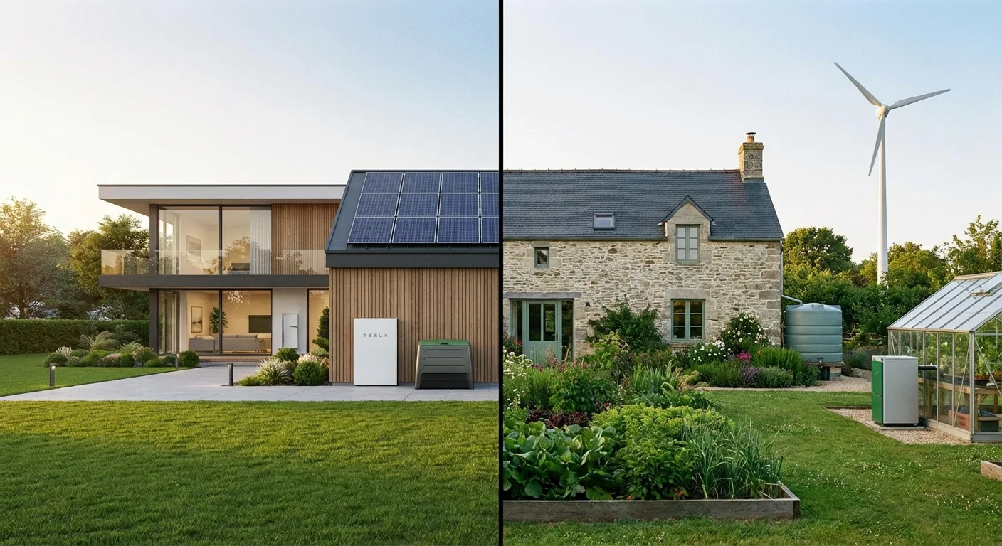 A split view of a suburban house and a rural house, representing sewer and septic systems.