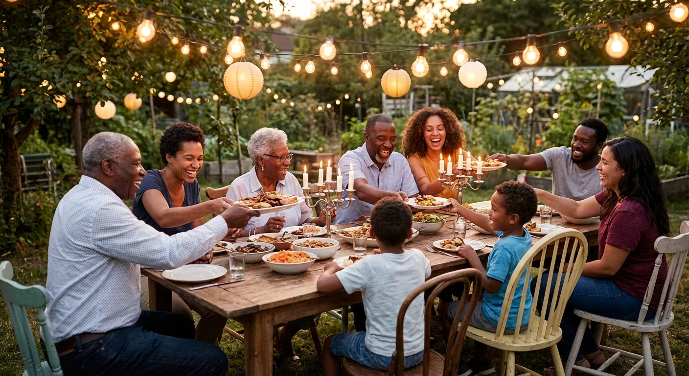A group of neighbors sharing a meal at an outdoor table under string lights.