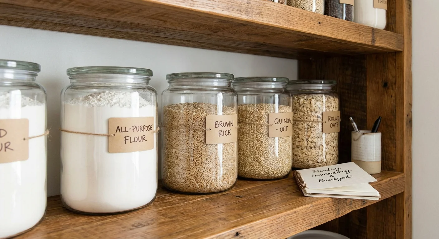 Neatly organized pantry with bulk flour and baking supplies stored in glass jars.
