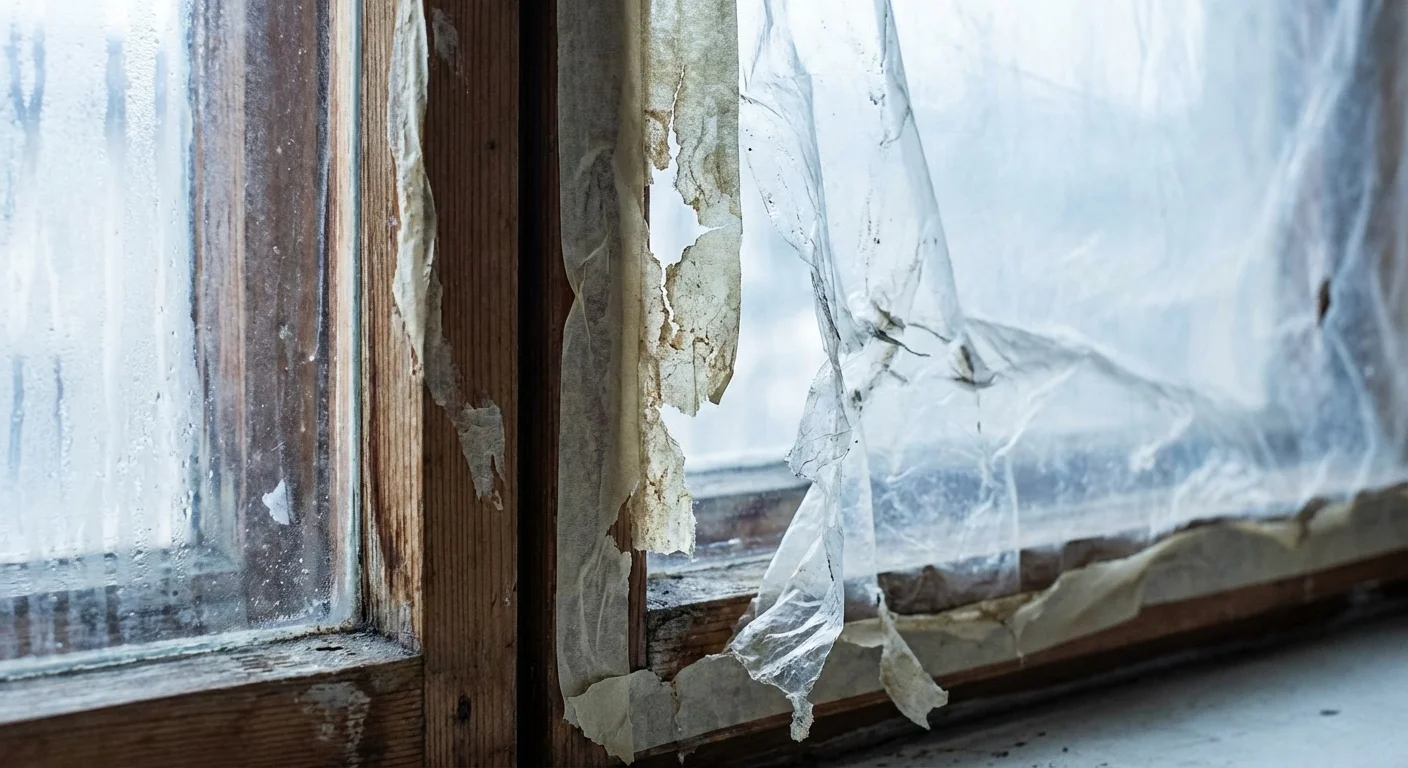 Close-up of an old wooden window with condensation and torn plastic insulation film peeling off