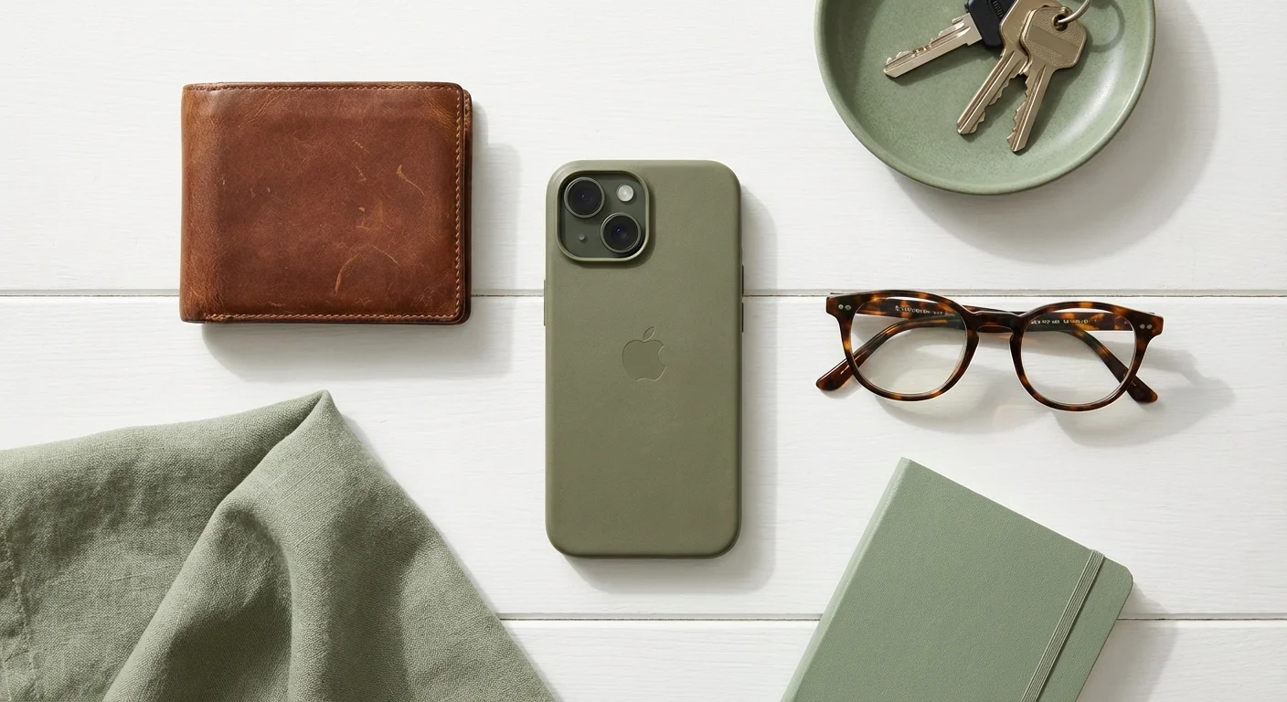 A clean flat lay of a wallet and smartphone on a white wooden surface.