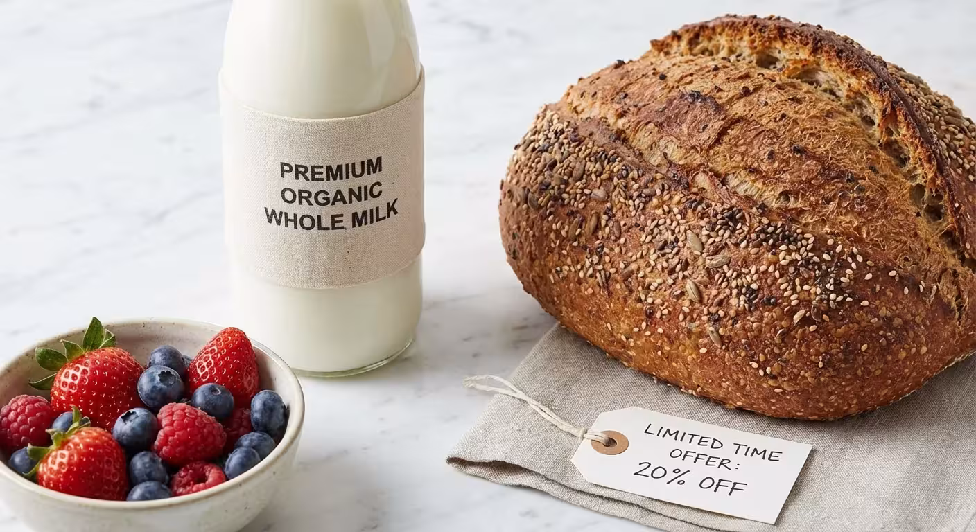 High-quality organic groceries arranged neatly on a kitchen counter.