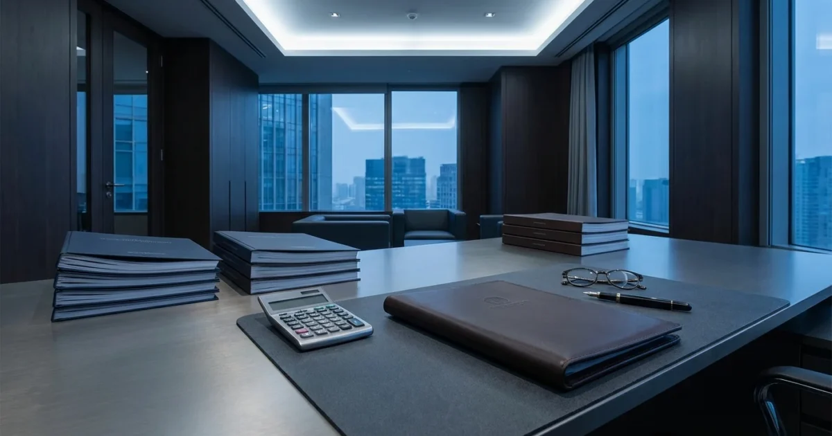 Organized executive desk with folders and calculator overlooking a city skyline through large windows