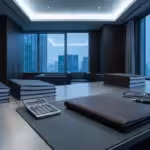 Organized executive desk with folders and calculator overlooking a city skyline through large windows