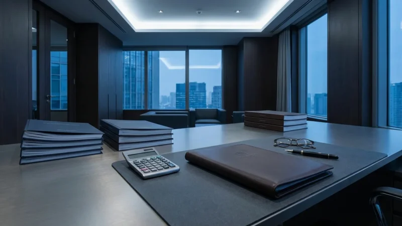 Organized executive desk with folders and calculator overlooking a city skyline through large windows