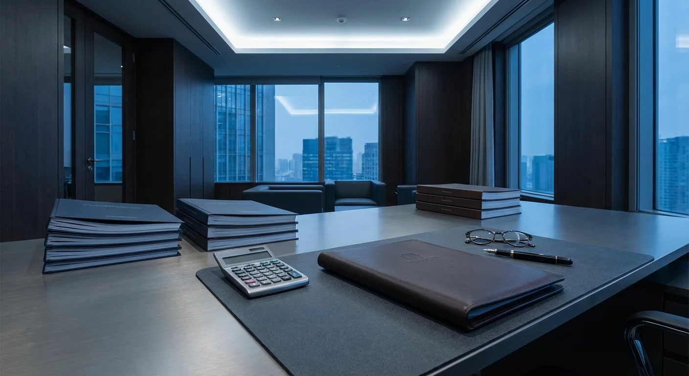 Organized executive desk with folders and calculator overlooking a city skyline through large windows