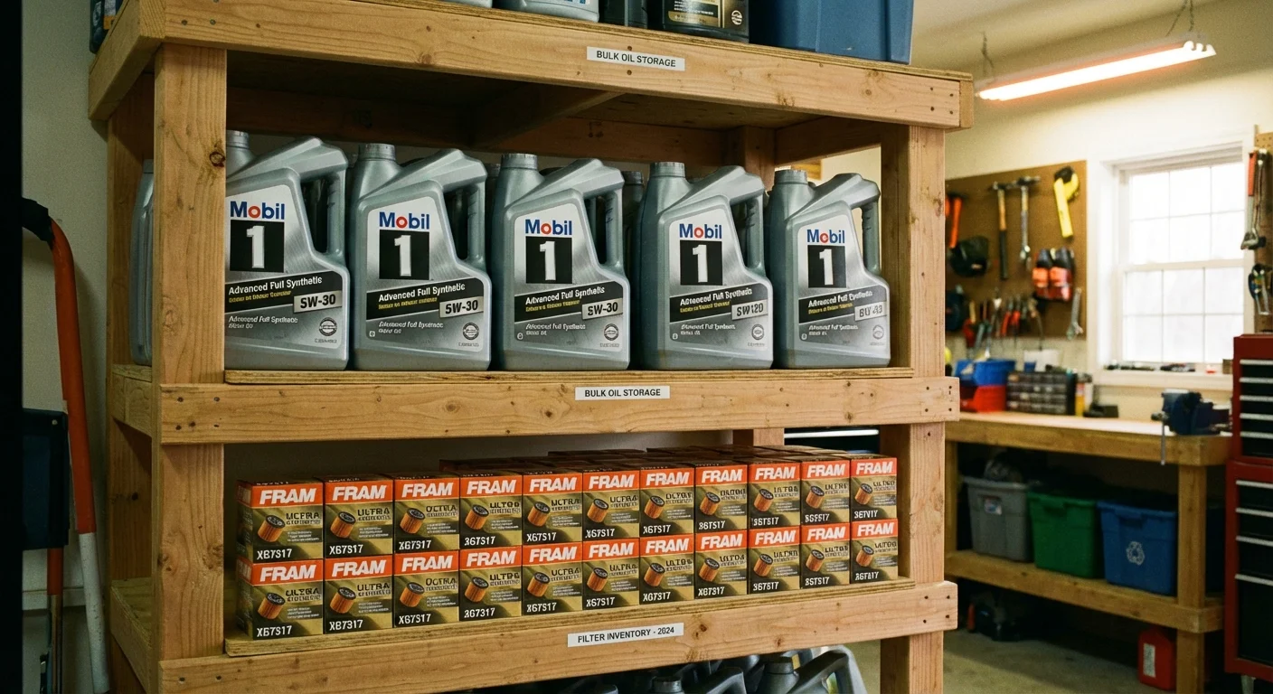 A garage shelf stocked with bulk-purchased motor oil and filters.