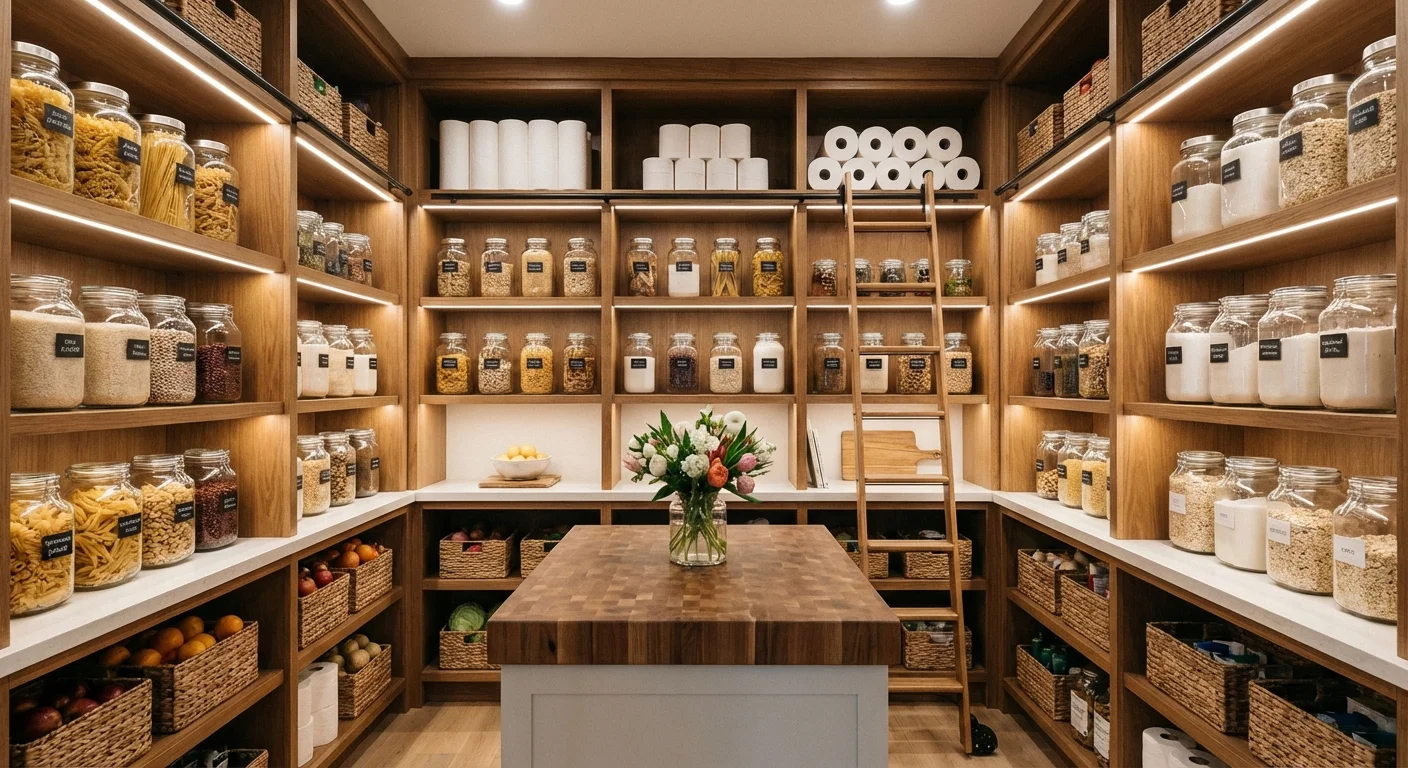 A neatly organized pantry stocked with bulk paper goods and dry food.