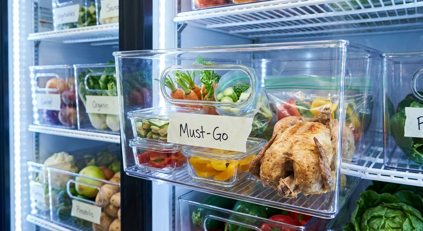 An organized refrigerator interior with clear plastic bins, labeled food containers, and fresh produce.