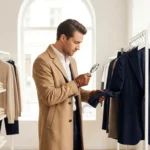 A shopper examines the stitching on a navy blazer in a bright, modern clothing store.