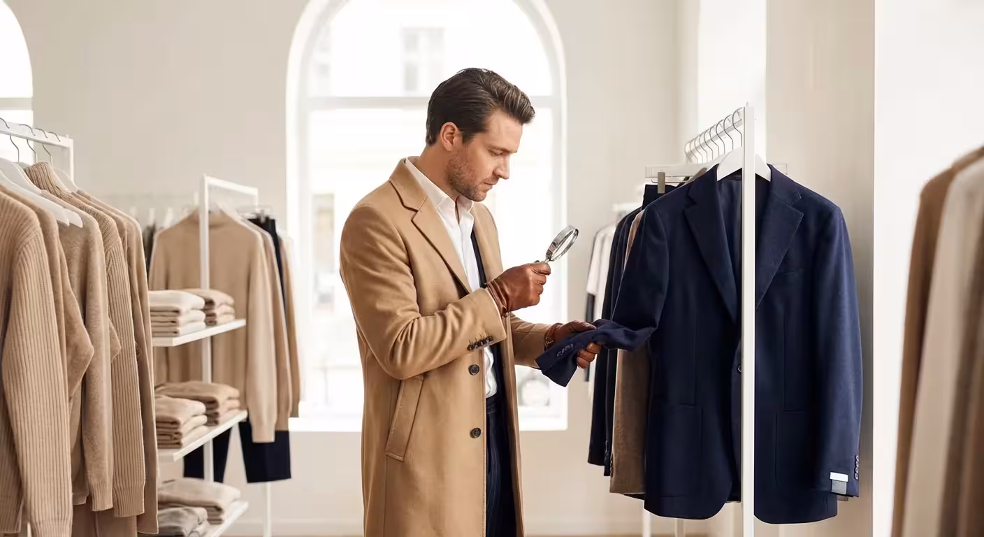 A shopper examines the stitching on a navy blazer in a bright, modern clothing store.