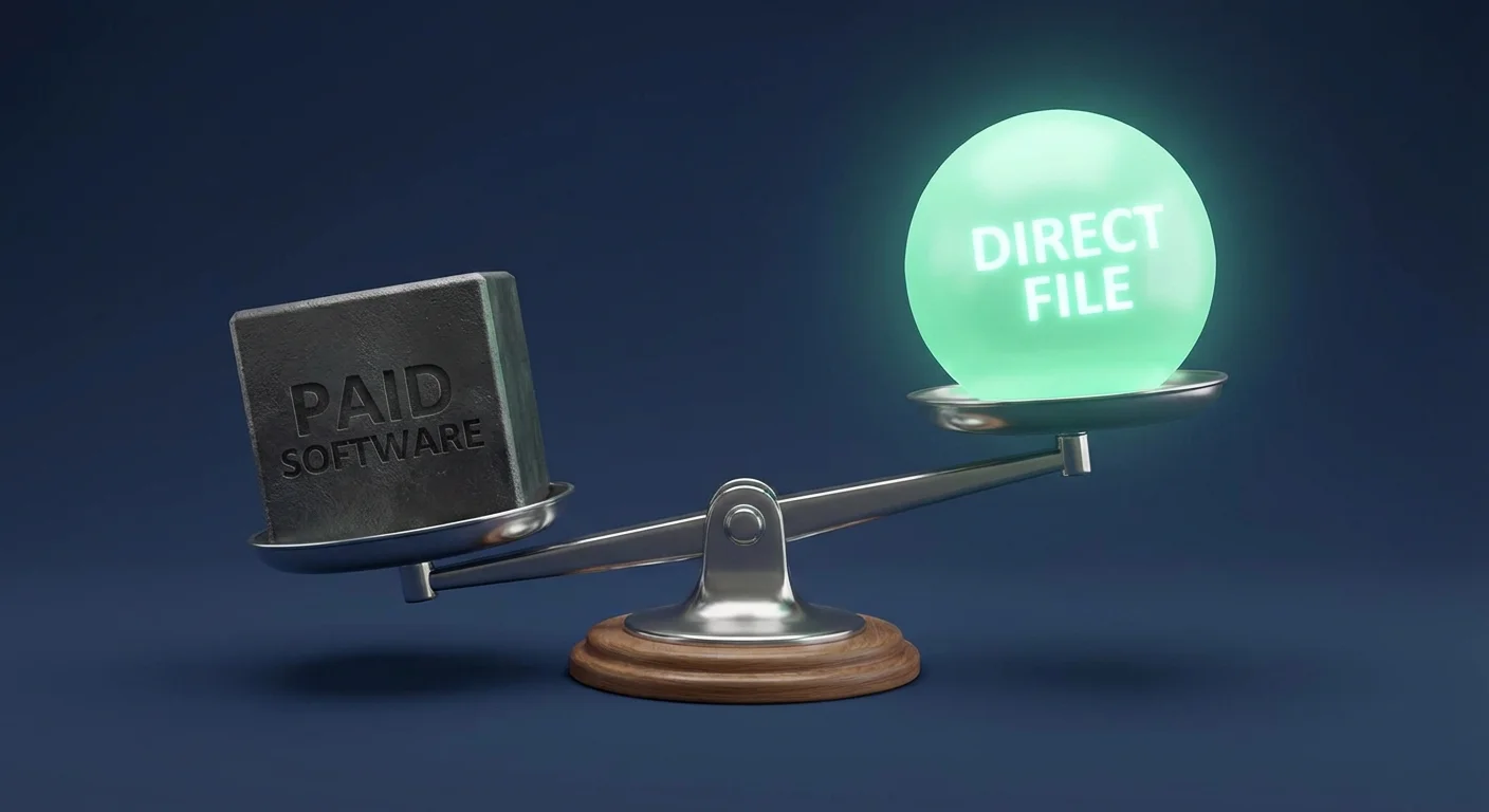 A 3D scale comparing a heavy dark box with a light, glowing green sphere.