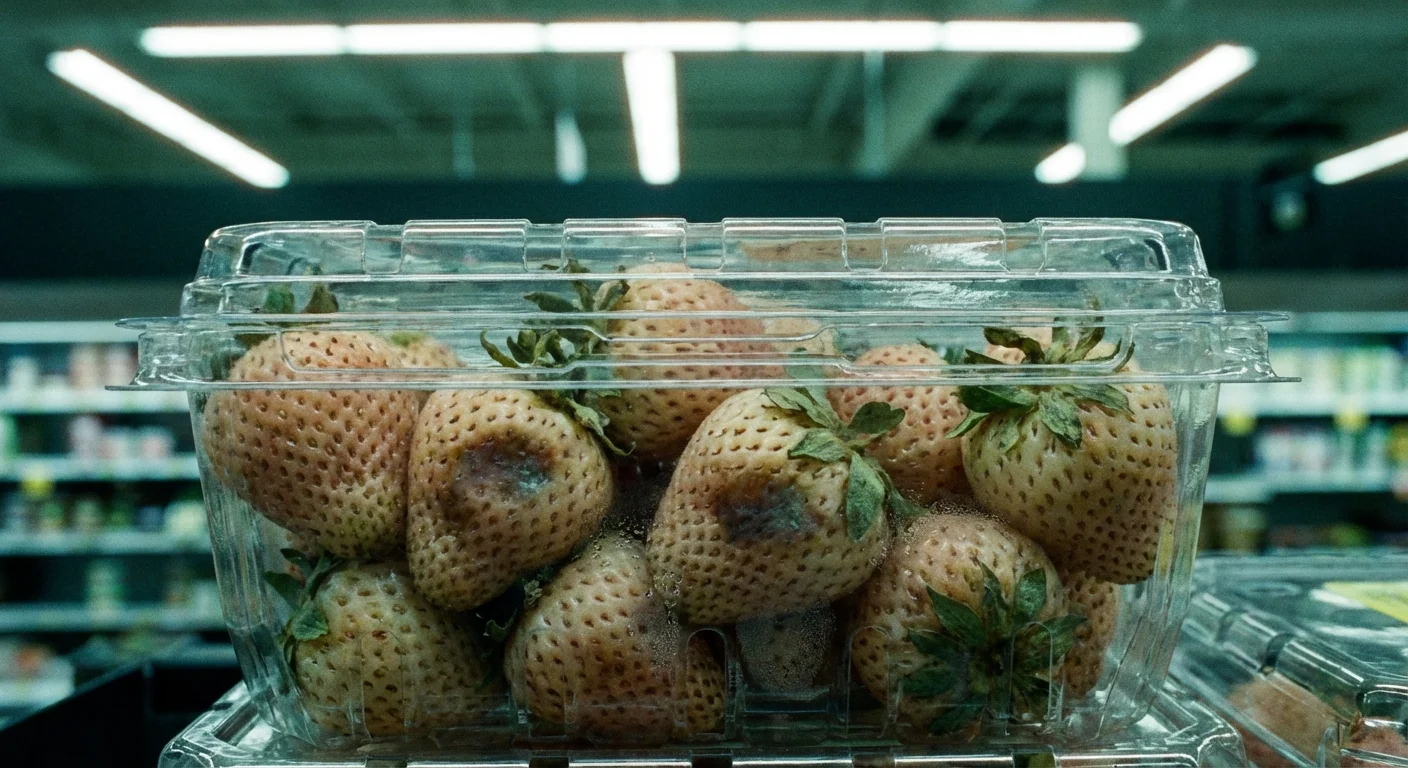 Pale strawberries in a plastic container under grocery store lights.
