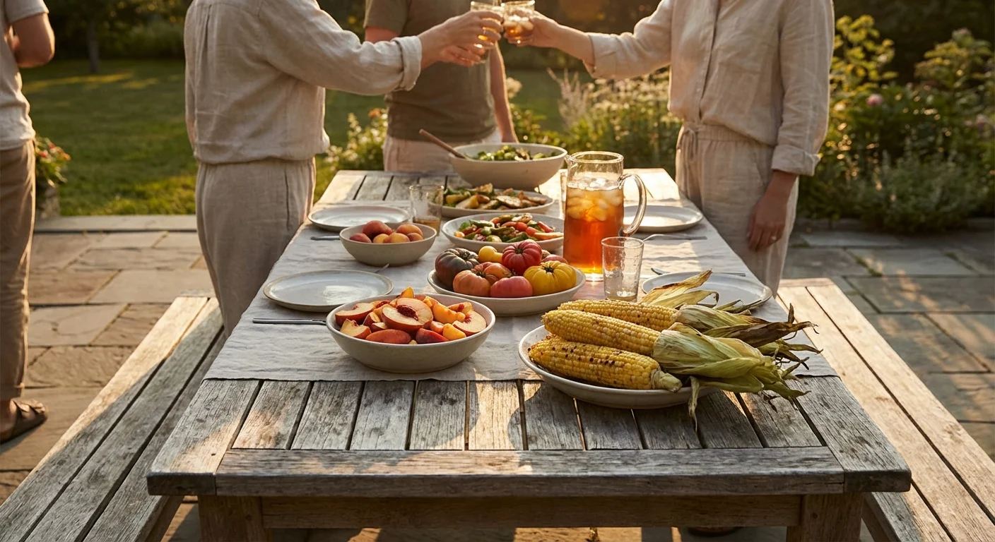 Peaches and tomatoes on an outdoor table in the sun.